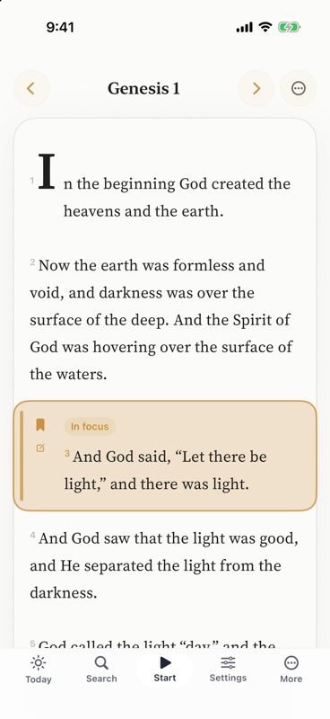 FaithVoice Bible reader showing Scripture with reading and listening controls