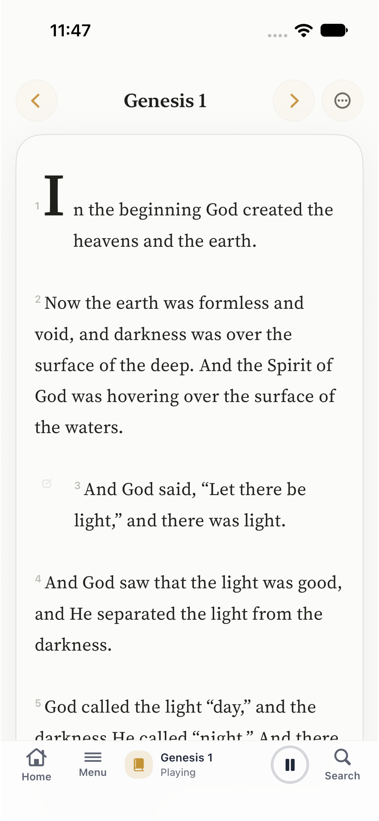 FaithVoice Bible reader on iPhone playing Genesis 1, with Home, Menu, pause, and Search controls