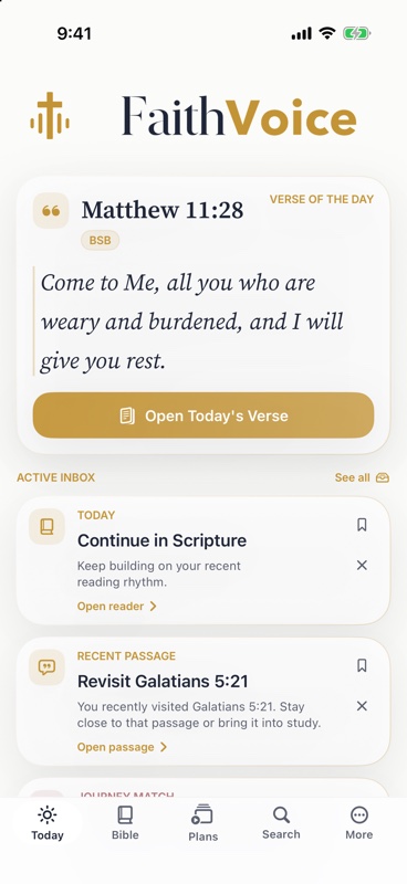 FaithVoice Today screen with a daily verse and next steps